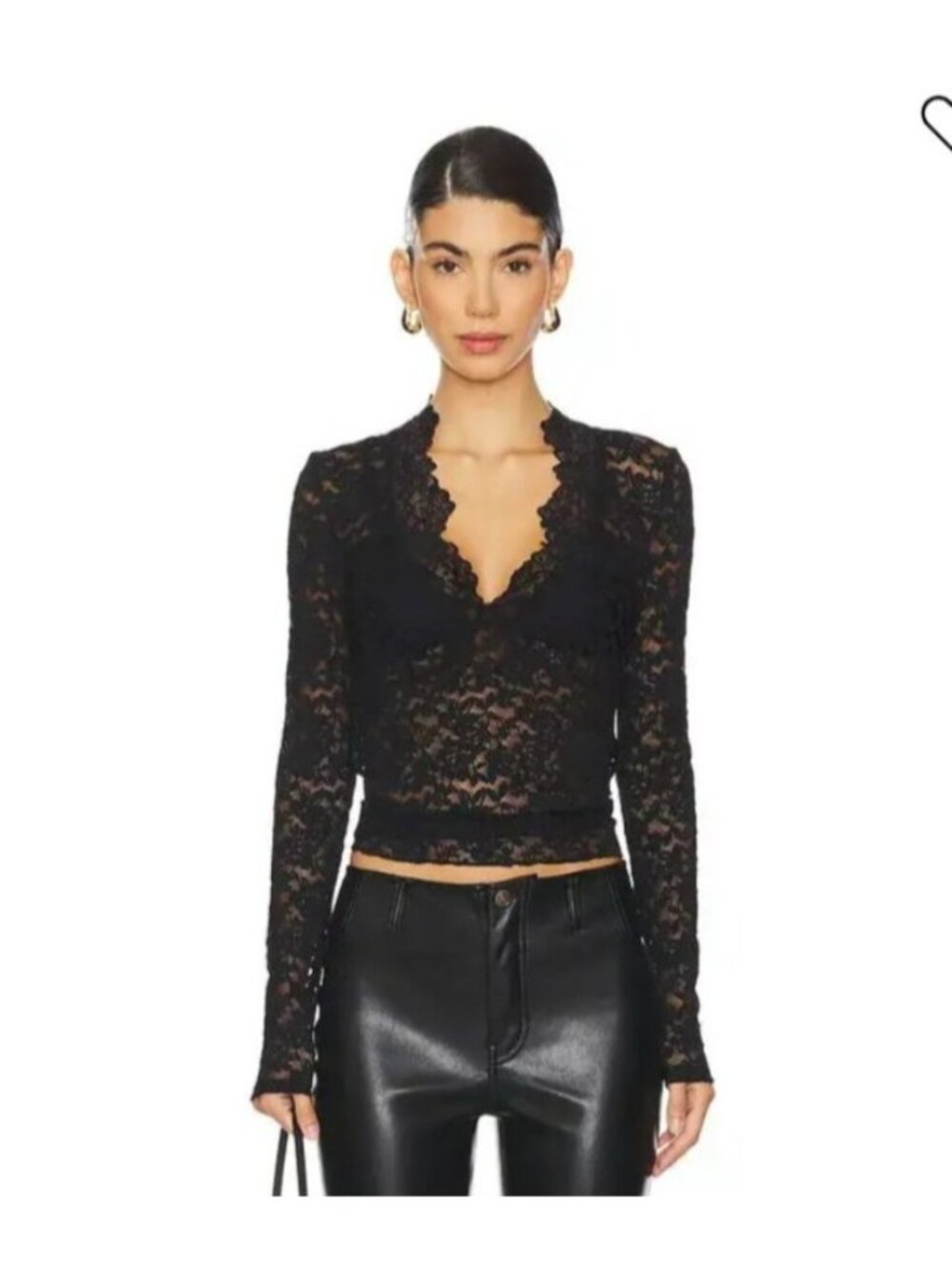 Free People All Day Lace Top L Black Sheer Long Sleeve Scalloped V-Neck NWT
